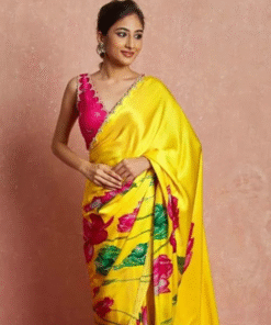 Intricate 1-Minute Ready To Wear Yellow Satin Silk Saree with Blouse