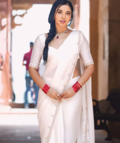 Blooming 1-Minute Ready To Wear White Satin Silk Saree With Blouse